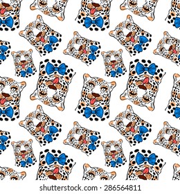 vector pattern, seamless Wallpaper with a picture of the muzzle of the leopard with protruding tongue, bow tie