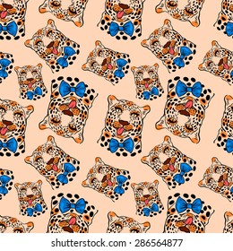 vector pattern, seamless Wallpaper with a picture of the muzzle of the leopard with protruding tongue, bow tie