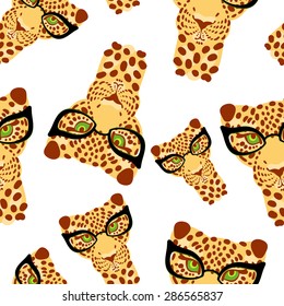 vector pattern, seamless Wallpaper with a picture of the muzzle of the leopard in trendy glasses