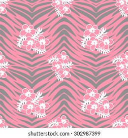vector pattern, seamless wallpaper with a picture of a zebra skins and flowers