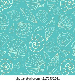 Vector pattern with seashells. Marine background. Vector illustration in sketch style. Perfect for greetings, invitations, wrapping paper, textile, wedding and web design.