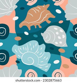 Vector pattern with seashells  on abstract background. Simple shapes, textures. Blue, pink, grey, beige colors. For textiles, scrapbooking, postcards, wrapping paper, wallpaper
