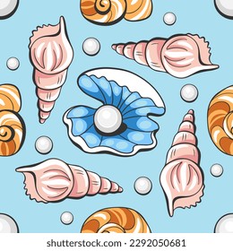 Patrón vectorial de conchas con perlas y conchas en el estilo cómico de las caricaturas.