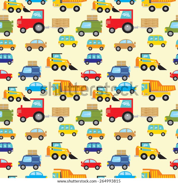 Vector pattern with set of\
vector cars, dumpers, loaders and tractors on light yellow\
background.