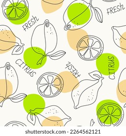 Vector pattern Set of citrus fruits. Drawn whole lemons and wedges. Line art style. Hand drawn text. 