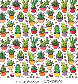 Vector pattern set of different succulents and cacti. Big set for background, packaging paper, stickers for children