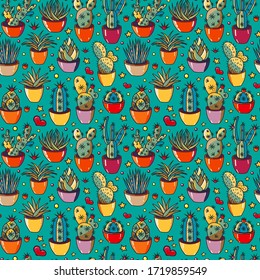 Vector pattern set of different succulents and cacti. Big set for background, packaging paper, stickers for children