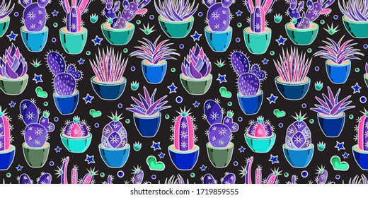 Vector pattern set of different succulents and cacti. Big set for background, packaging paper, stickers for children