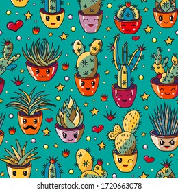 Vector pattern set of different succulents and cacti. Kawaii cute illustration style. Big set for background, packaging paper, stickers