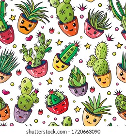 Vector pattern set of different succulents and cacti. Kawaii cute illustration style. Big set for background, packaging paper, stickers