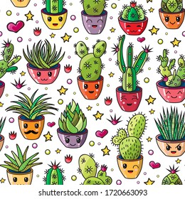 Vector pattern set of different succulents and cacti. Kawaii cute illustration style. Big set for background, packaging paper, stickers