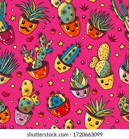 Vector pattern set of different succulents and cacti. Kawaii cute illustration style. Big set for background, packaging paper, stickers