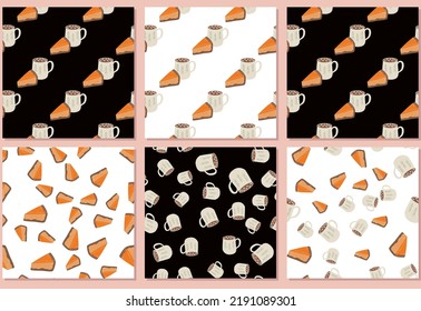 Vector pattern set with elements of autumn season. pumpkin pie and a cup of cocoa