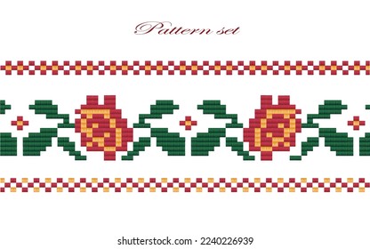 Vector pattern set with ethnic Ukrainian motifes. Floral embroidery, cross-stitch, fancywork. Paper, textile design. Concept fashion retro textile. Ornamental decorative texture. 