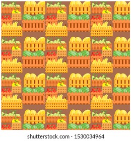Vector pattern with set of fruit boxes, among which bananas, melons, watermelons, lemons, apples, pears. Concept of fair and exhibition events. Textiles, wrappers, notebook covers and other can used.