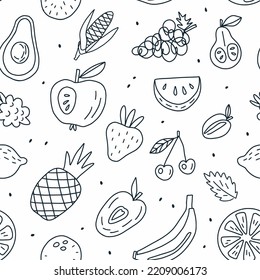 Vector pattern set of fruits drawn in the style of doodles.	