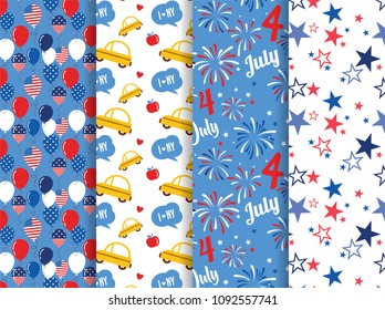 Vector pattern set. National colors of the United States. American flag, stars and stripes. Use for celebration of independence day, party decoration, surface texture. Happy 4th of July.