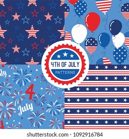 Vector pattern set. National colors of the United States. American flag, stars and stripes. Use for celebration of independence day, party decoration, surface texture. happy 4th of July.