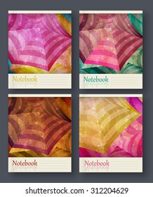 Vector pattern. A set of notebooks.Red and yellow striped umbrellas are reflected in the water.
