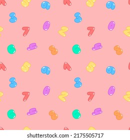 Vector pattern with a set of numbers in the style of bubbles, numbers from 0 to 9, pattern on a pink background. Vector illustration for posters, flyers, packaging, postcards, children's clothing.