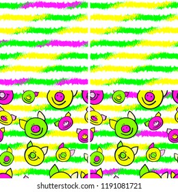 vector pattern, set of patterns, colored stripes and smiling pigs, painted hands.