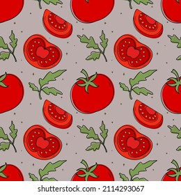 Vector pattern of a set of tomatoes. Design elements for menus, advertisements and covers, children's books, food and food illustrations.Vector of vegetables and foliage. Illustration of food.