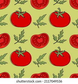 Vector pattern of a set of tomatoes. Design elements for menus, advertisements and covers, children's books, food and food illustrations.Vector of vegetables and foliage. Illustration of food.