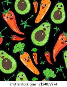 Vector pattern from a set with vegetables. Avocado, hot chili pepper, carrots, finocchio and mushrooms with broccoli. Suitable for printing on fabric, T-shirts and wallpaper.