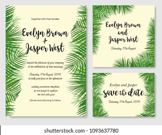 Vector pattern set of wedding invitation cards with a picture of palm green leaves. Vector handmade watercolor drawing of the areca foliage. Greeting cards, labels, banner, certificate
