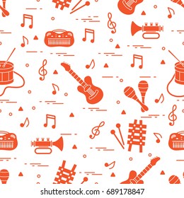 Vector pattern of sheet music and different musical toys: guitar, drum, trumpet, xylophone, maracas and other. Design for postcard, banner, flyer, poster or print.