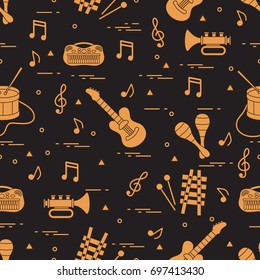 Vector pattern of sheet music and different musical toys: guitar, drum, trumpet, xylophone, maracas and other. Design for postcard, banner, flyer, poster or print.