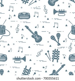 Vector pattern of sheet music and different musical toys: guitar, drum, trumpet, xylophone, maracas and other. Design for postcard, banner, flyer, poster or print.