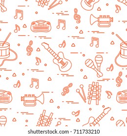 Vector pattern of sheet music and different musical toys: guitar, drum, trumpet, xylophone, maracas and other. Design for postcard, banner, flyer, poster or print.