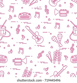 Vector pattern of sheet music and different musical toys: guitar, drum, trumpet, xylophone, maracas and other. Design for postcard, banner, flyer, poster or print.