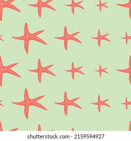 Vector pattern with shells. Beautiful red and green colors. Star fish for textiles, postcards and other products.