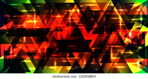 Vector pattern of shimmering triangles and stripes in red and green colors. For decoration of holidays and decorative interior.