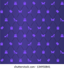 Vector pattern with shopping icons, consume items and decoration: purse, bag, shoes, box, package, sale label. Background is useful for commercial purposes, banners, web advertisement etc