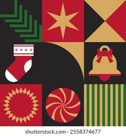 Vector pattern showcasing geometric Christmas motifs in a modern Scandinavian style. Ideal for holiday decor, prints, and festive projects.