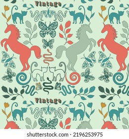 Vector pattern  silhouettes of animals. Beautiful drawing for print and web. Pattern unicorn cat butterfly snake.