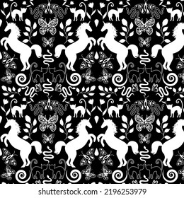 Vector pattern  silhouettes of animals. Beautiful drawing for print and web. Pattern unicorn cat butterfly snake.