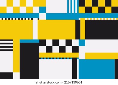 Vector pattern with simple abstract elements, lines, circles, squares and bold geometric shapes in Bauhaus style, useful for poster art, front page design, decorative prints.