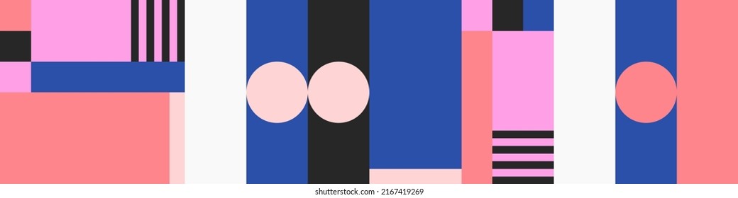 Vector pattern with simple abstract elements, lines, circles, squares and bold geometric shapes in Bauhaus style, useful for poster art, front page design, decorative prints.