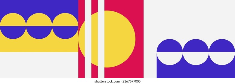 Vector pattern with simple abstract elements, lines, circles, squares and bold geometric shapes in Bauhaus style, useful for poster art, front page design, decorative prints.