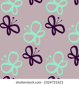 Vector pattern of simple butterflies. Hand drawing, calligraphy, ink, brush. Grey, purple, green. Wallpaper, wrapping paper, fabric. Spring, summer, season, children. Eps10