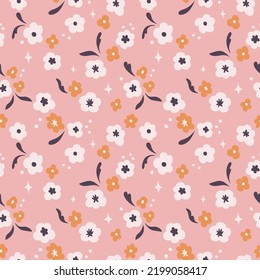 Vector pattern with simple cute flowers. Liberty seamless background. Trendy colors illustration for fashion textile.