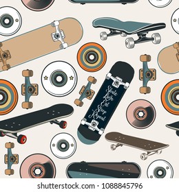 Vector pattern with skateboards in vintage hipster style