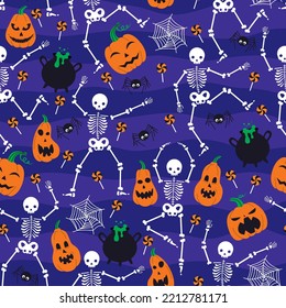 Vector pattern with skeletons, pumpkins and spiders for Halloween.