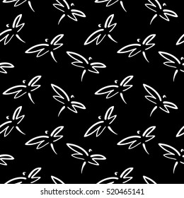 Vector pattern of sketch dragonflies. Black background.