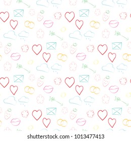 Vector pattern in sketch style for Valentine's Day. Flowers, engagement ring, kiss, lips, hearts, strawberry, envelope, arrows. Valentine's day, wedding, love and romantic events.