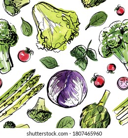 Vector pattern sketch of vegetables. Color sketch of food. Broccoli, lettuce, artichoke, herbs